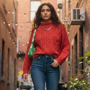 XTRA ENERGY Red Cable Knit Turtleneck Sweater Women's Size M